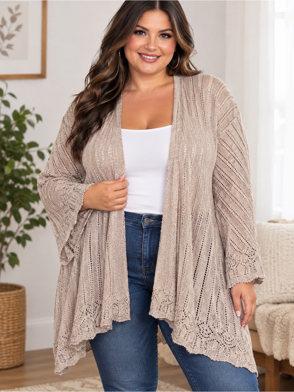 ✴️New✴️Madison + Hudson Open Front Knit Cardigan in Beige Size 3X NWT
